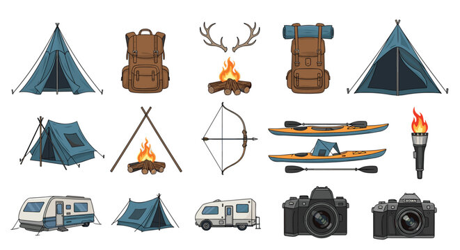 Outdoor camping gear collection with various tents, backpacks, bow and arrow, kayaks, and photography equipment.