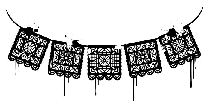Papel picado mexican decorative banners for fiesta in grunge ink style