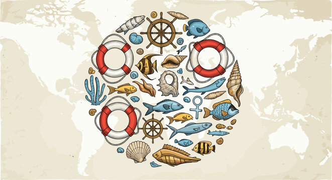 Marine and nautical icons arranged in a circle over a world map background featuring lifebuoys, fish, shells, and steering wheels.