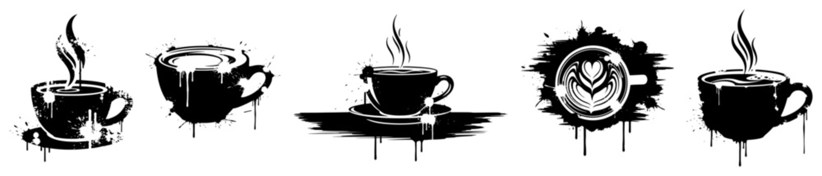 Coffee cups and latte art icon set in black and white ink drip style