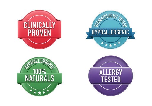 Dermatologist tested product badges, clinically proven and hypoallergenic seal collection, 100% natural and allergy tested certification icons