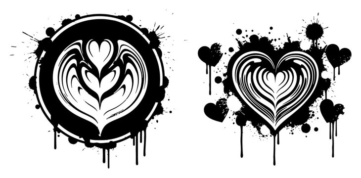 Latte art coffee foam patterns with heart and rosetta in grunge ink splatter style