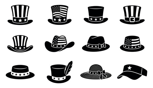 American hat and patriotic vintage emblem set. retro usa accessory, headgear isolated collection.