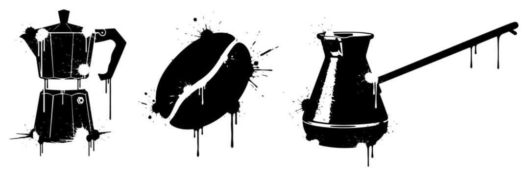 Moka pot coffee bean and cezve turkish coffee maker in grunge ink splatter style