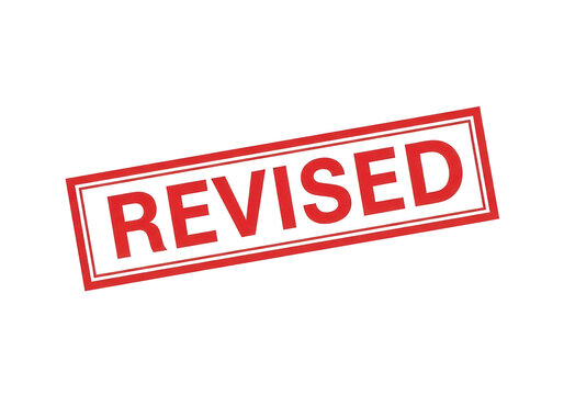 Revised red rubber stamp on white background, rectangular office stamp with text, professional document revision mark for business use