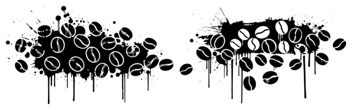 Roasted coffee beans piles in grungy urban stencil graffiti style