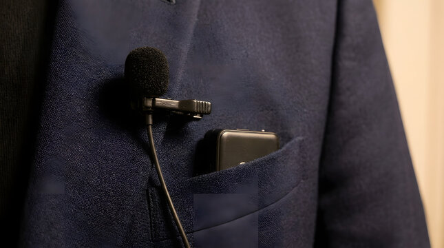 Lavalier Microphone Attached to Suit Jacket Pocket with Transmitter. Generated with AI