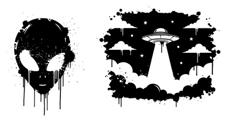 Alien head and UFO spacecraft in starry night sky urban stencil graffiti style © UrbanDruid