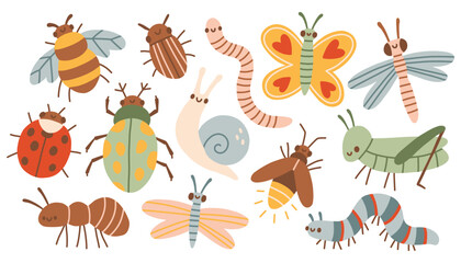 Adorable cartoon insects vector set. Cute caterpillar, butterfly, ladybug, bee, beetle and snail characters. Funny nursery graphics for kids design © spirka.art