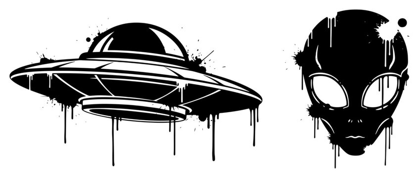 Alien head and flying saucer UFO in artistic grunge ink splatter style