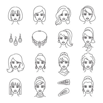 Line art vector icons depicting various female hairstyles, faces, and beauty accessories like earrings, necklaces, and hair clips, showcasing diverse styles.