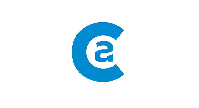 Blue geometric arrow symbol with white lowercase 'a' inside, minimalist
