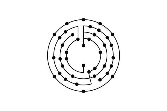 Black and white abstract circular maze with evenly spaced dots and lines