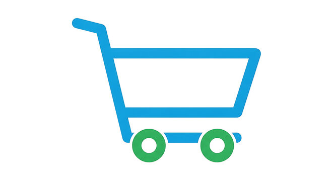 Blue shopping cart with green wheels on white background, trolley
