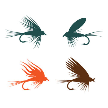Four fishing fly silhouettes in different colors lure