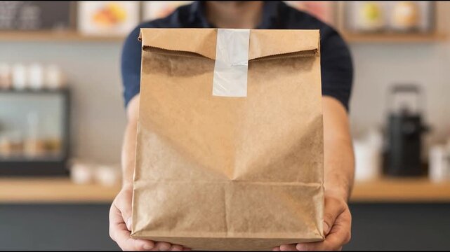Two boxes with fast food being carried by delivery man in uniform for one of clients