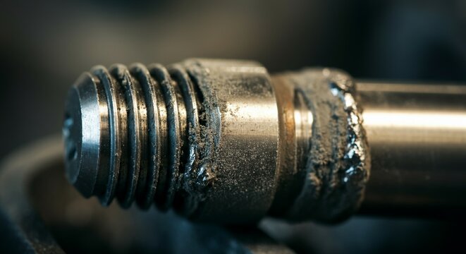 Macro detail severely galled seized stainless steel threaded rod covered.