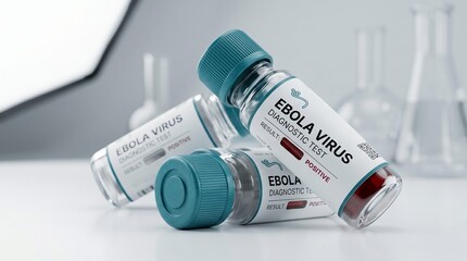 Fototapeta na wymiar Ebola virus diagnostic test vials with positive medical results in laboratory. Scientific research on infectious disease pathology. Healthcare equipment for clinical biology analysis.