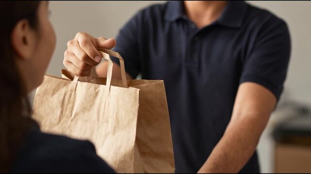 Two boxes with fast food being carried by delivery man in uniform for one of clients