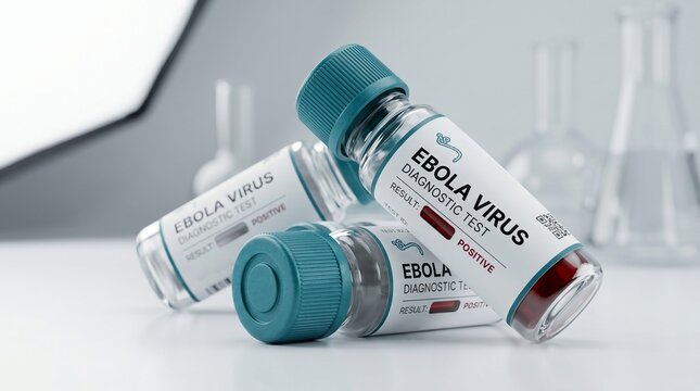 Ebola virus diagnostic test vials with positive medical results in laboratory. Scientific research on infectious disease pathology. Healthcare equipment for clinical biology analysis.
