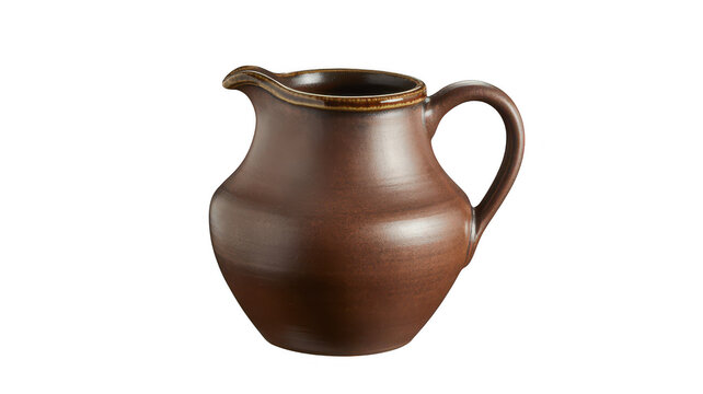 Brown ceramic pitcher with a simple handle isolated on a white background isolated on a transparent background