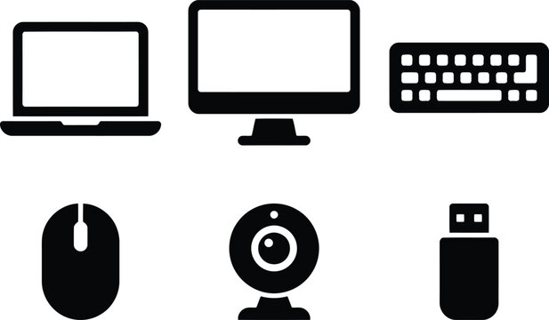 Computer peripherals and devices in a modern workspace setup illustration