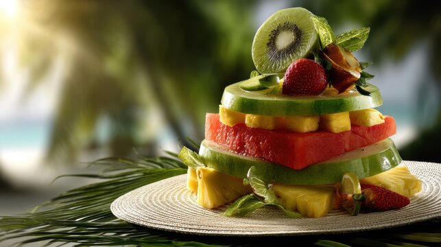 Summer fruit hat art creation with watermelon pineapple and kiwi tropical setting food photography vibrant colors creative concept