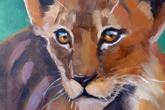 Ritratto artistico a olio di un cucciolo di leone con grandi occhi espressivi, dipinto di una giovane leonessa su sfondo verde, illustrazione di fauna selvatica africana