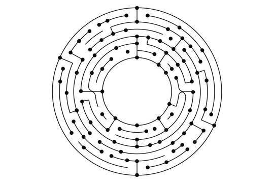 Black and white concentric circular maze with 32 evenly spaced dots