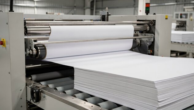 Medium shot of automated machinery precisely cutting coated paperboard into folio sheets highlighting smooth sheeting and orderly stacking in a clean industrial setting.