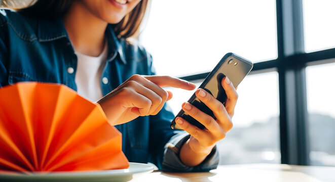 Close-up of a smiling woman tapping her smartphone at a sunlit cafe table with an orange folded napkin, ideal for lifestyle content, mobile app marketing and casual digital leisure campaigns