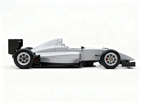 Sleek silver formula racing car parked in a minimalist white studio, side view profile shot.