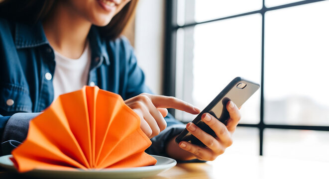 Close-up of a smiling woman tapping her smartphone at a sunlit cafe table with an orange folded napkin, ideal for lifestyle content, mobile app marketing and casual digital leisure campaigns.