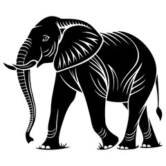 Fototapeta premium A black silhouette illustration of an elephant standing with its trunk down, outlined in white lines on a plain background.