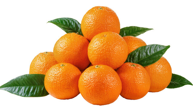 Heap of ripe oranges with green leaves, isolated on transparent background