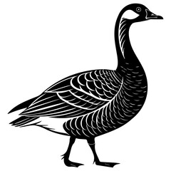 A minimalist black silhouette illustration of a goose standing on a plain white background. © Saiful
