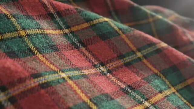 Close-up of vibrant red, green, black and yellow plaid fabric, creating a textured pattern with gentle folds and shadows
