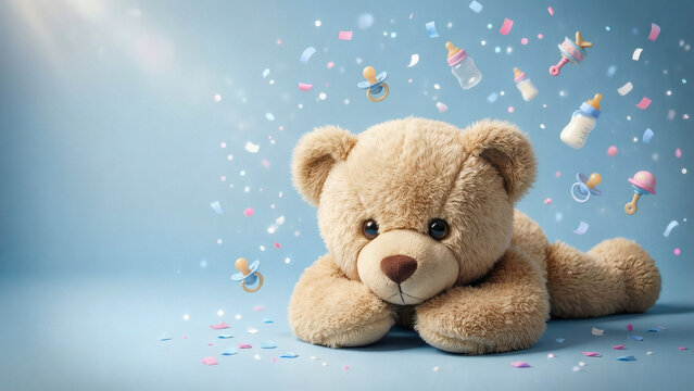 Adorable ours en peluche avec des accessoires pour b&eacute;b&eacute; et des confettis sur un fond bleu