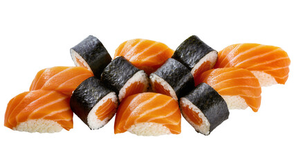 Fresh salmon nigiri and maki rolls, isolated on transparent background © Aliona