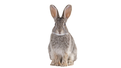 Obraz premium Fluffy grey rabbit sitting attentively, isolated on transparent background