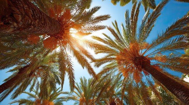Low Angle Shot of Palm Trees under Sunlight with Clear Blue Sky, Tropical Greenery Vacation Landscape, Summer Natural Light Element for Travel Poster Design
