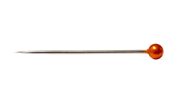 Shiny orange ball head pin with sharp metal point, isolated on transparent background