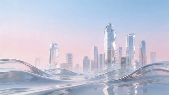 Futuristic cityscape with reflective water
