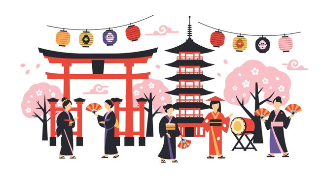 Japanese Festival Celebration: Torii Gate, Pagoda, Cherry Blossoms, People in Kimono