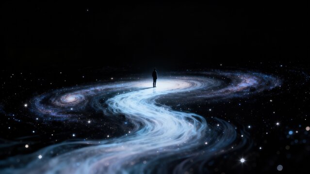 Person standing on cosmic path in space