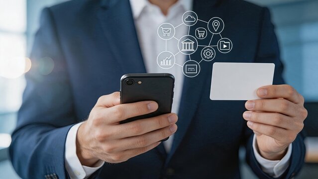 Businessman holding credit card and smartphone for mobile payment, digital banking network icons floating above device representing secure financial transactions and online