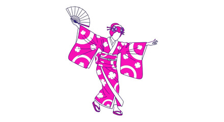 Obraz premium Japanese Dancer in Pink Kimono with Fan - Traditional Art