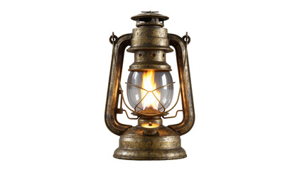 Antique brass kerosene lantern with glowing flame, isolated on transparent background © Aliona