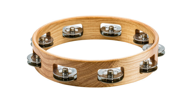 Wooden tambourine with metal jingles, isolated on transparent background