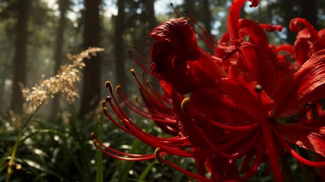 Vibrant Red Flower Blooms in a Sunlit Forest